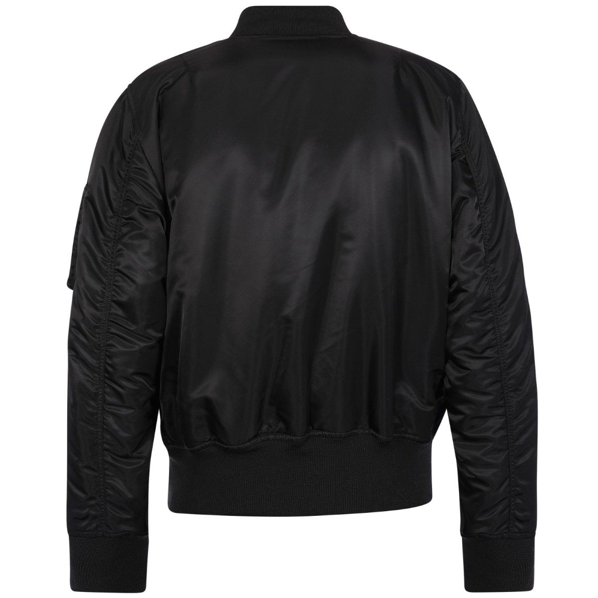 Unisex Alpha MA-1 Classic Black jacket with ribbed collar, cuffs, and waistband, featuring front pockets and a sleek, timeless design.