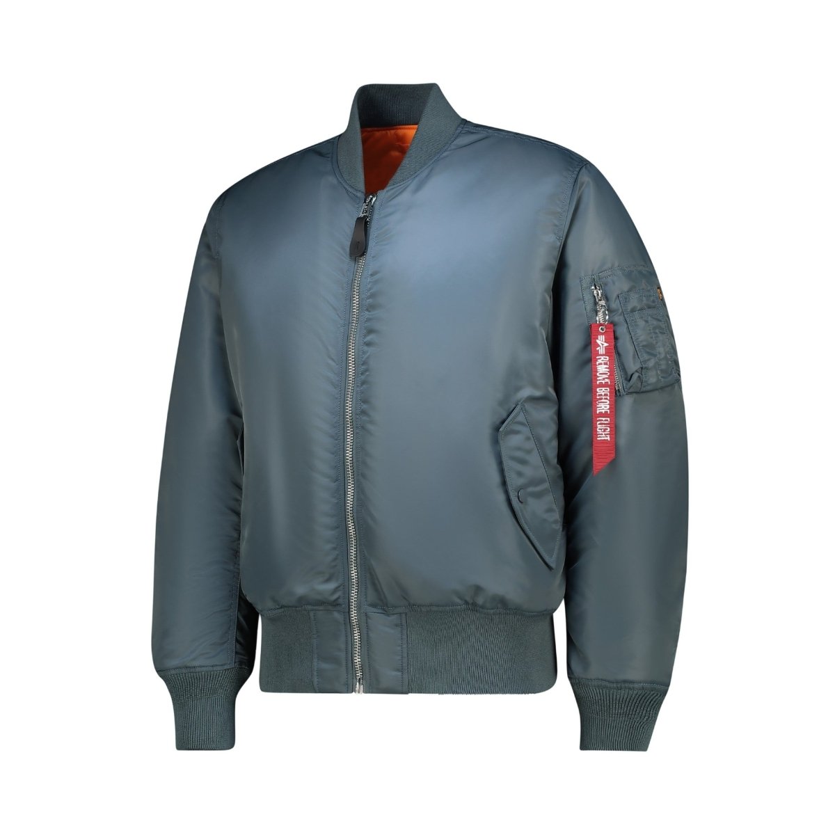 Blue denim Alpha MA-1 Classic unisex jacket with ribbed collar and cuffs, front zipper, and stylish design.