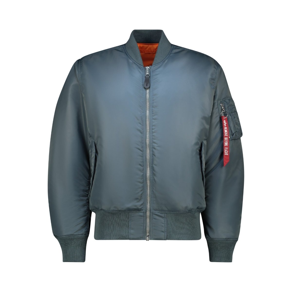 Unisex Alpha MA-1 Classic Jacket in denim blue, featuring a zip front, ribbed cuffs, and collar, stylish and versatile outerwear.