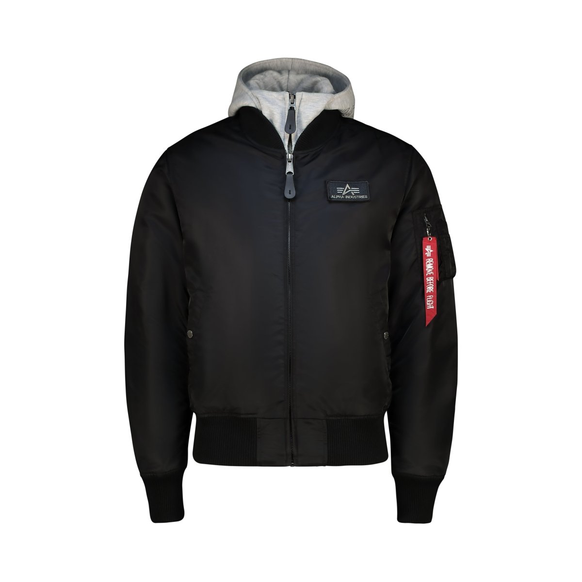 Unisex Alpha MA-1 D-Tec jacket in black and grey with ribbed cuffs and collar, front zipper, and multiple pockets.