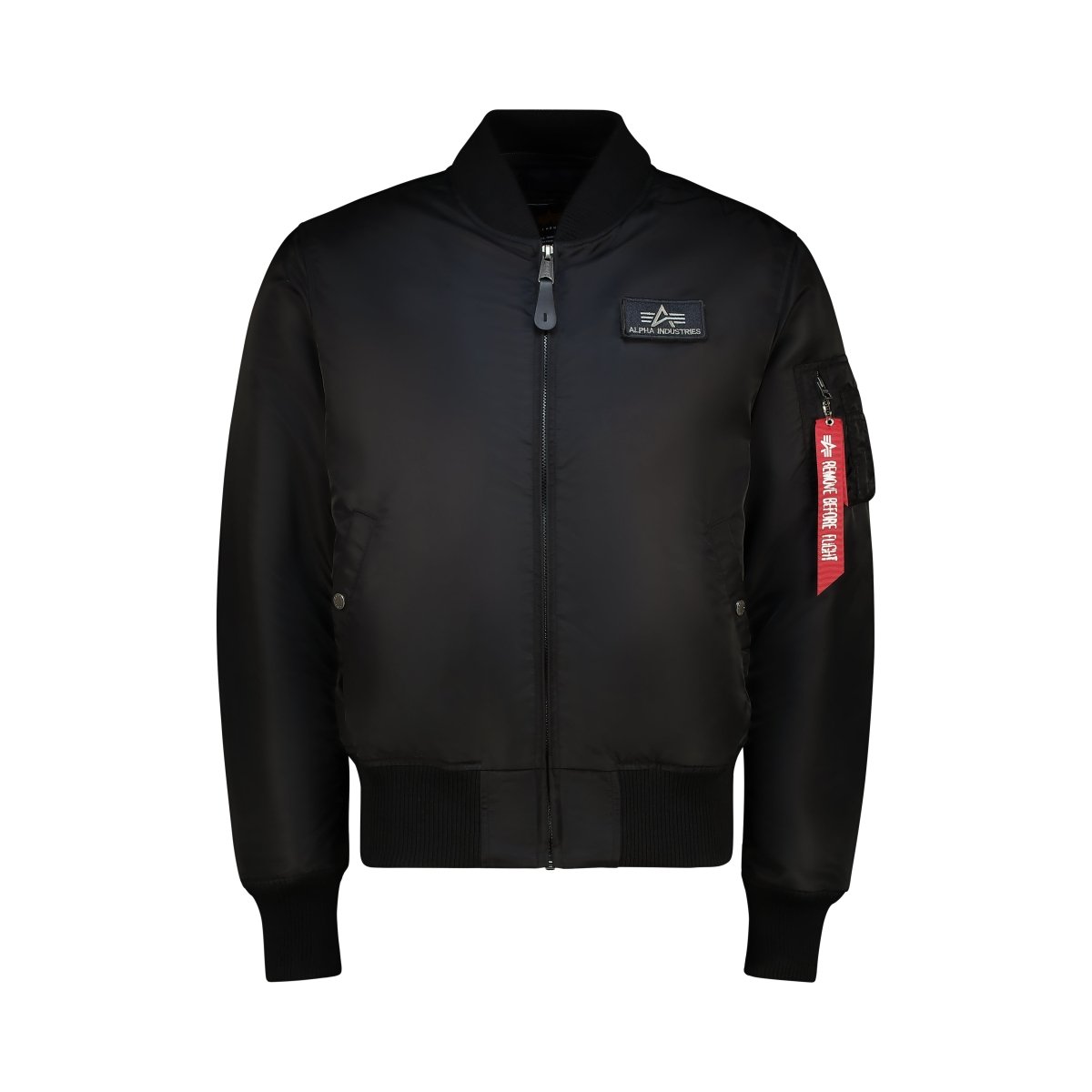 Alpha Alpha MA-1 D-Tec unisex jacket in black and grey, featuring a sleek design with ribbed cuffs and collar.