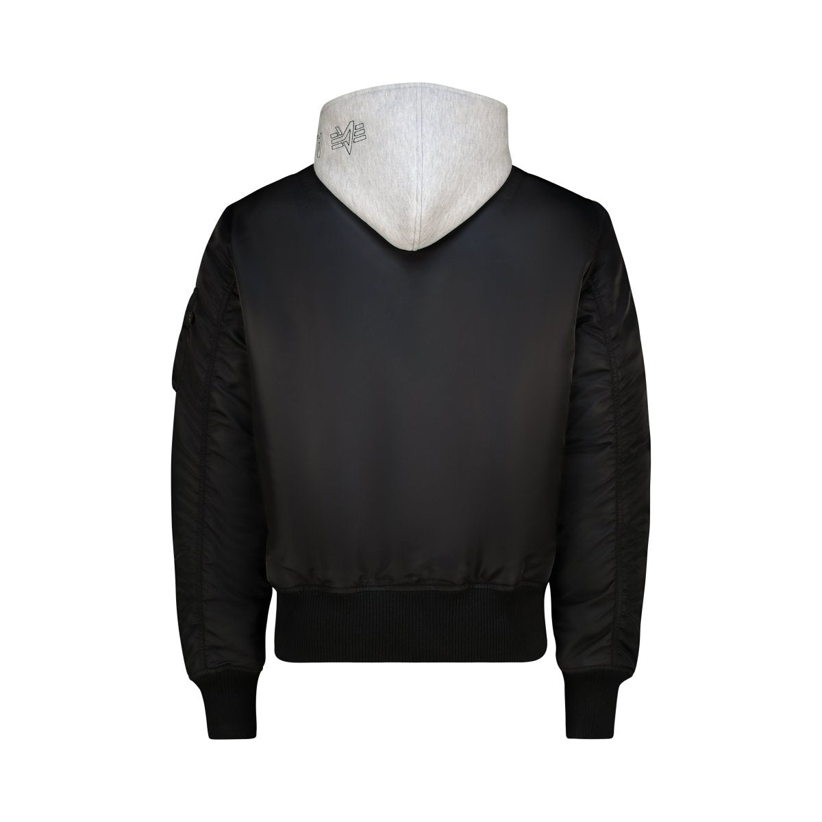 Black and grey Alpha MA-1 D-Tec unisex jacket with ribbed cuffs and collar, featuring a front zipper and utility pockets.