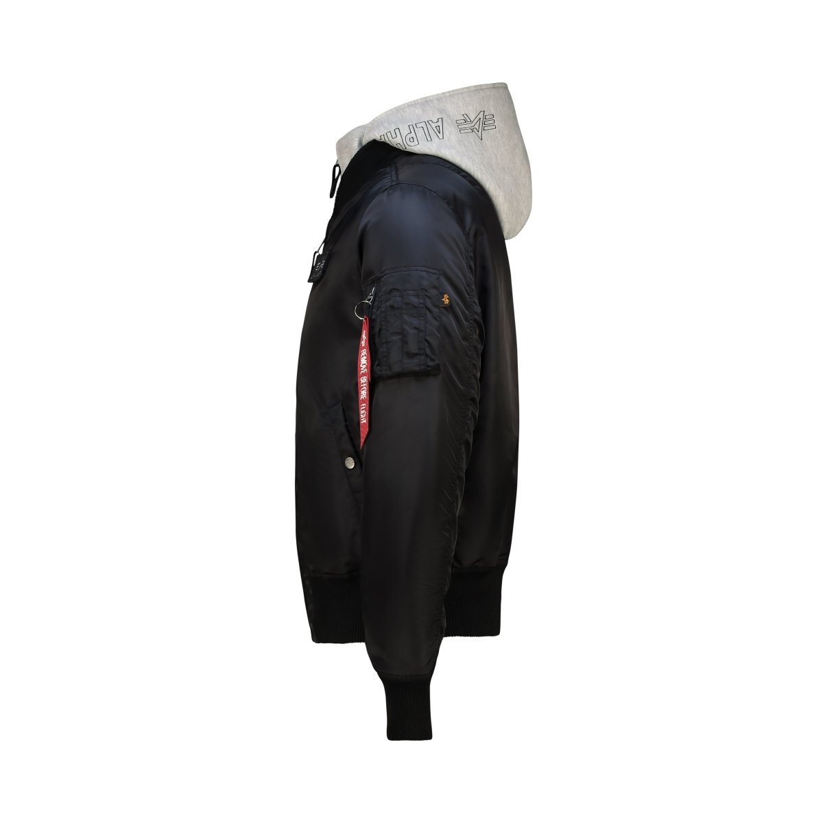 Black and grey Alpha MA-1 D-Tec unisex jacket with ribbed cuffs and collar, featuring a zip front and functional pockets.