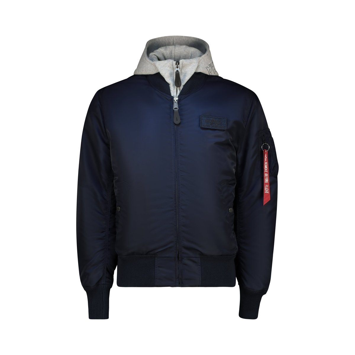 Unisex Alpha MA-1 D-Tec Jacket in vibrant blue with ribbed collar and cuffs, featuring zipped pockets and military-inspired design.