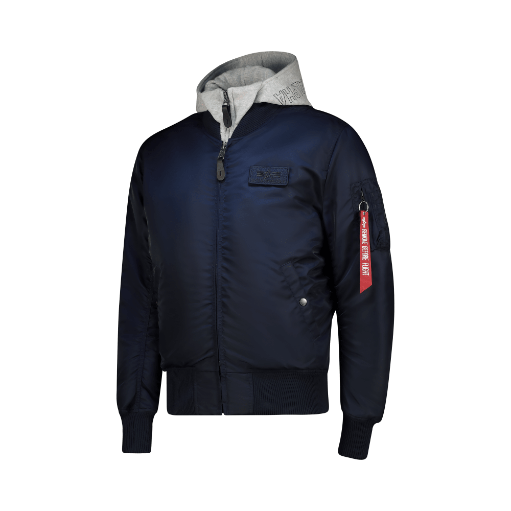 Alpha MA-1 D-Tec Jacket in Rep Blue, unisex military-style jacket with ribbed cuffs and collar, featuring multiple front pockets.