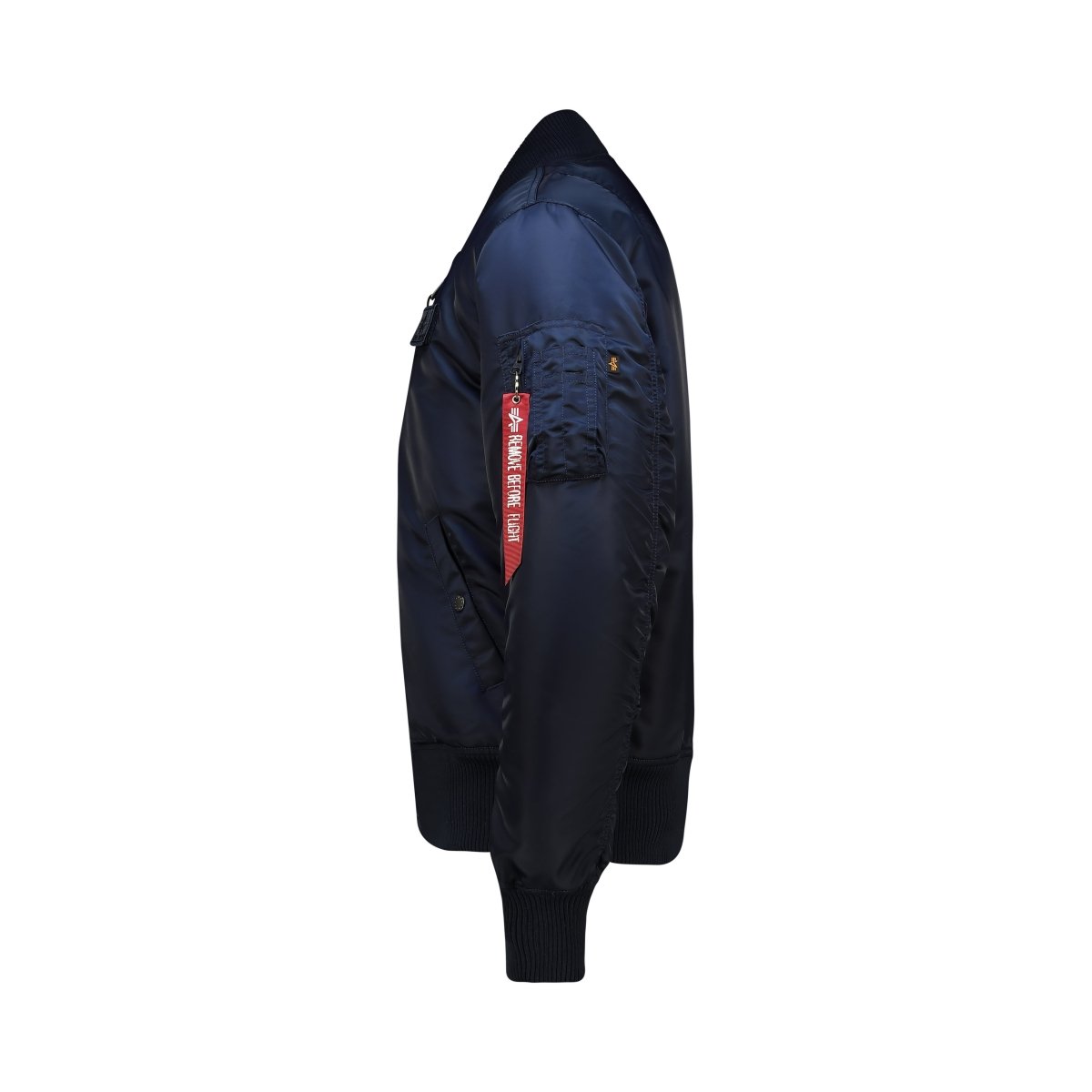Unisex Alpha MA-1 D-Tec Jacket in blue with ribbed cuffs and collar, showcasing a sleek, military-inspired design.