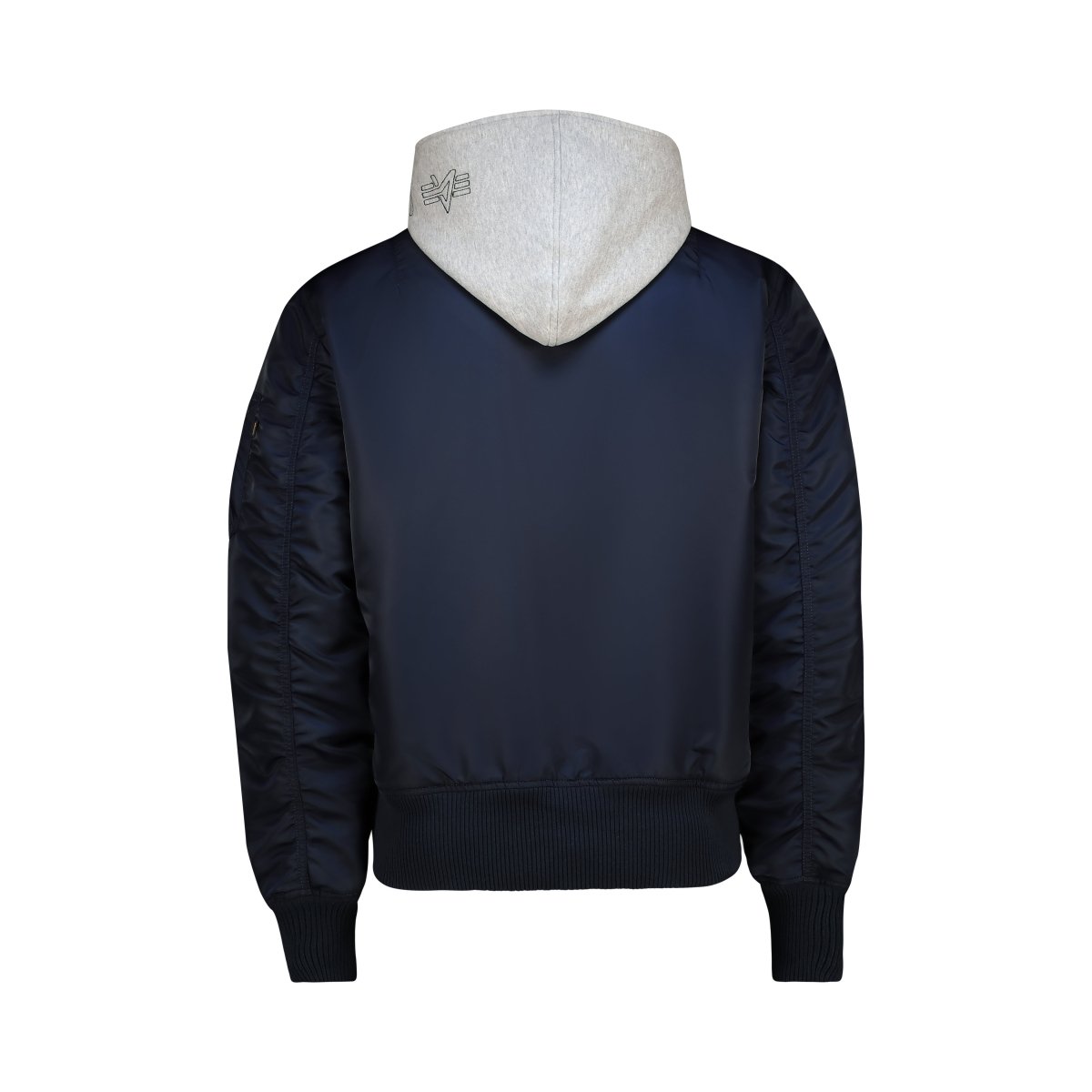 Alpha MA-1 D-Tec Jacket in Rep Blue, unisex Alpha jacket with a fitted collar and zippered front, shown on a hanger.