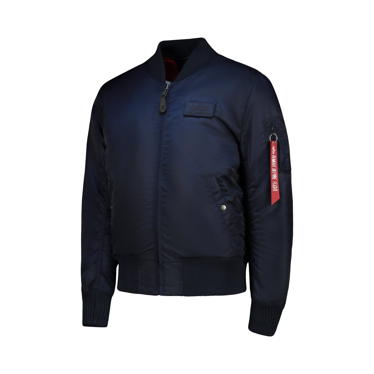Unisex Alpha MA-1 D-Tec jacket in navy blue with ribbed cuffs and collar, featuring front pockets and zipper closure.