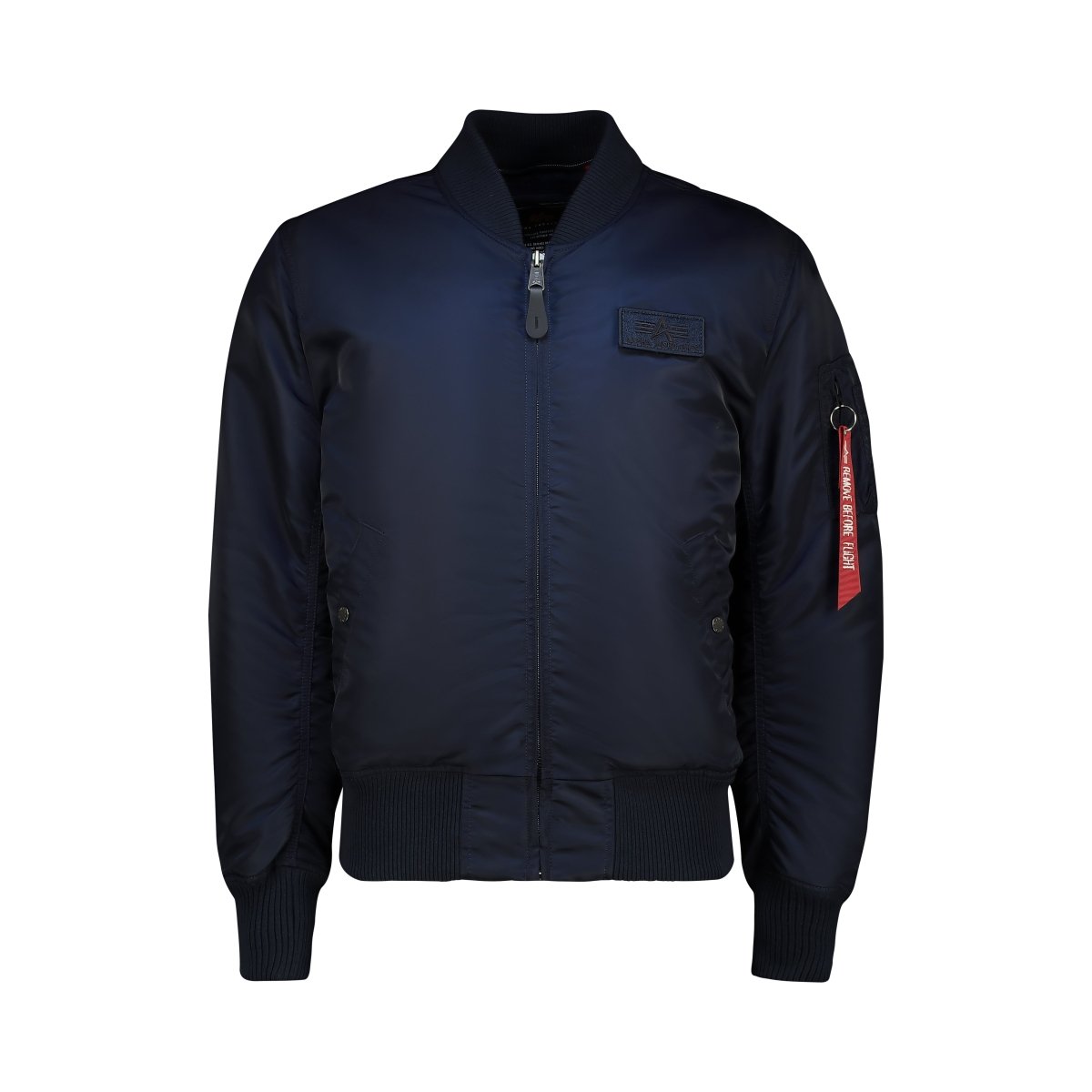 Unisex Alpha MA-1 D-Tec Jacket in Rep Blue, featuring a classic bomber style with ribbed cuffs and collar, front zip pocket.
