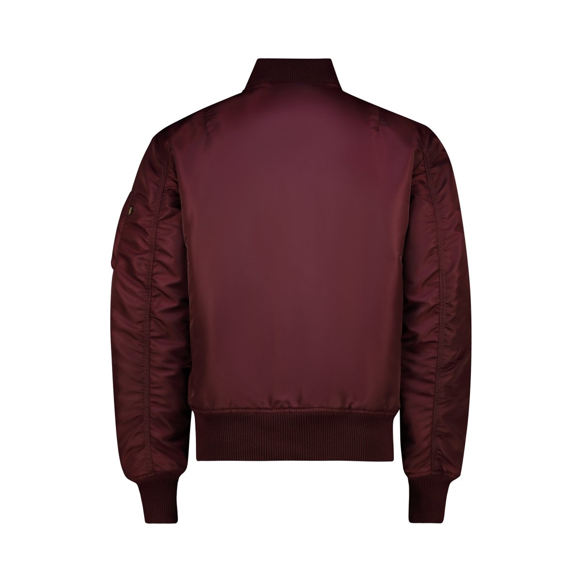 Alpha ALPHA MA-1 DTEC jacket in dark cherry color, unisex style with ribbed cuffs and collar, front zip closure, and utility pockets.