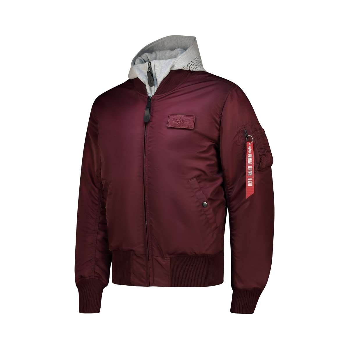 Unisex Alpha MA-1 DTEC Jacket in Dark Cherry, featuring a lightweight bomber design with ribbed cuffs and collar.