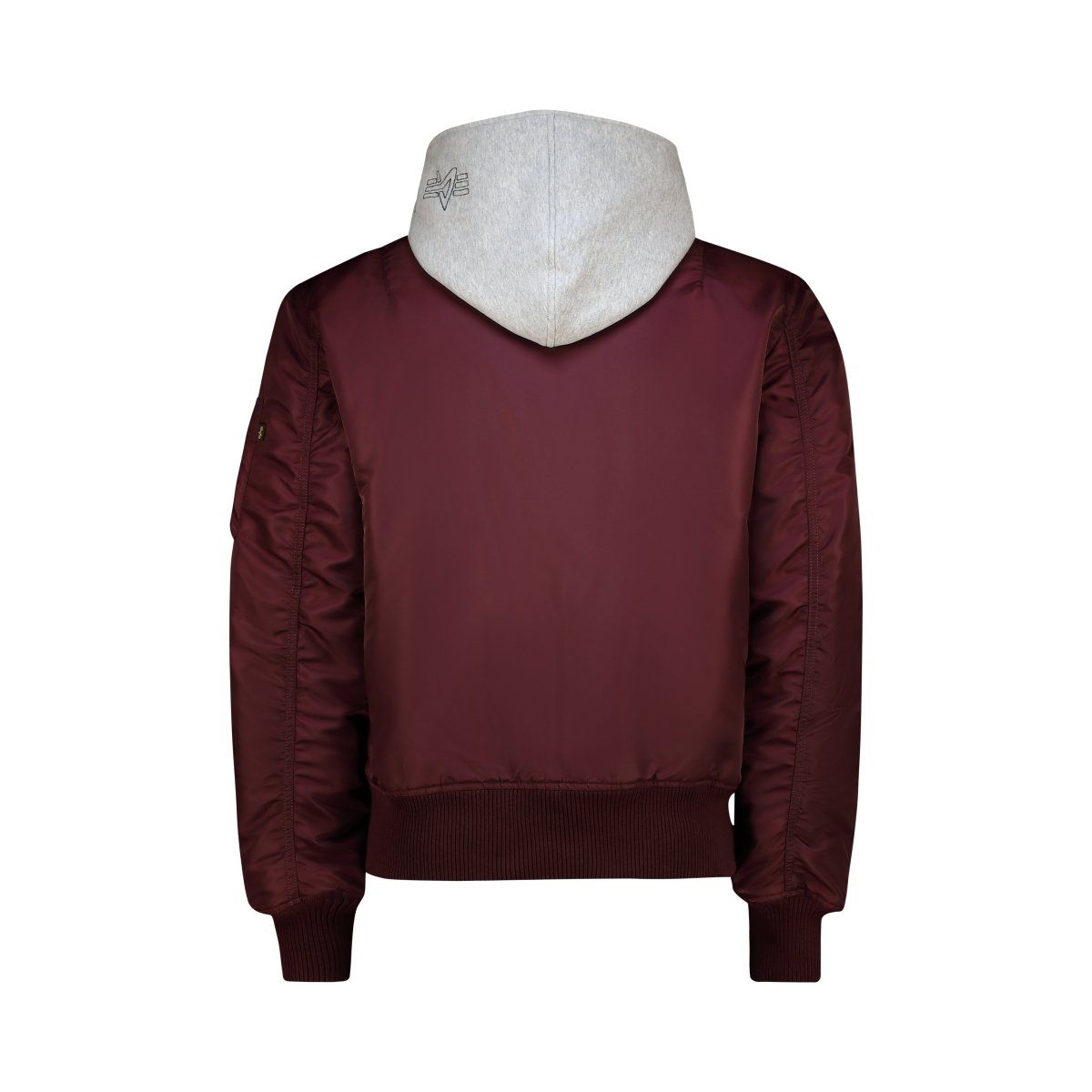 Unisex Alpha MA-1 DTEC jacket in dark cherry color, featuring a nylon exterior, ribbed cuffs, and a front zipper.