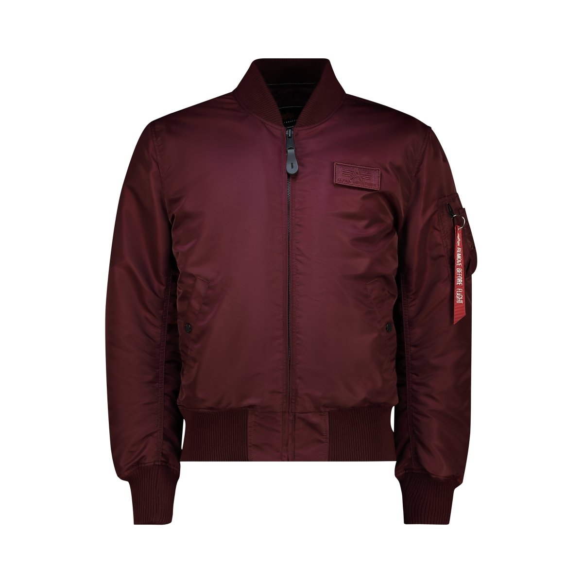 Unisex Alpha MA-1 DTEC jacket in dark cherry color, featuring a bomber style with ribbed cuffs and collar.