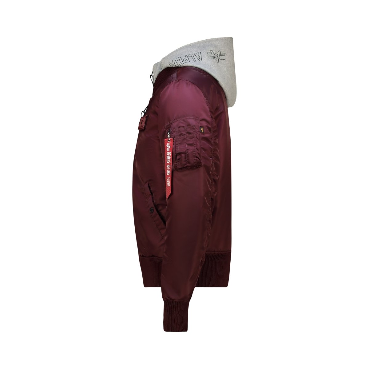 Alpha ALPHA MA-1 DTEC jacket in dark cherry color, unisex bomber style with ribbed cuffs and zip front detail.