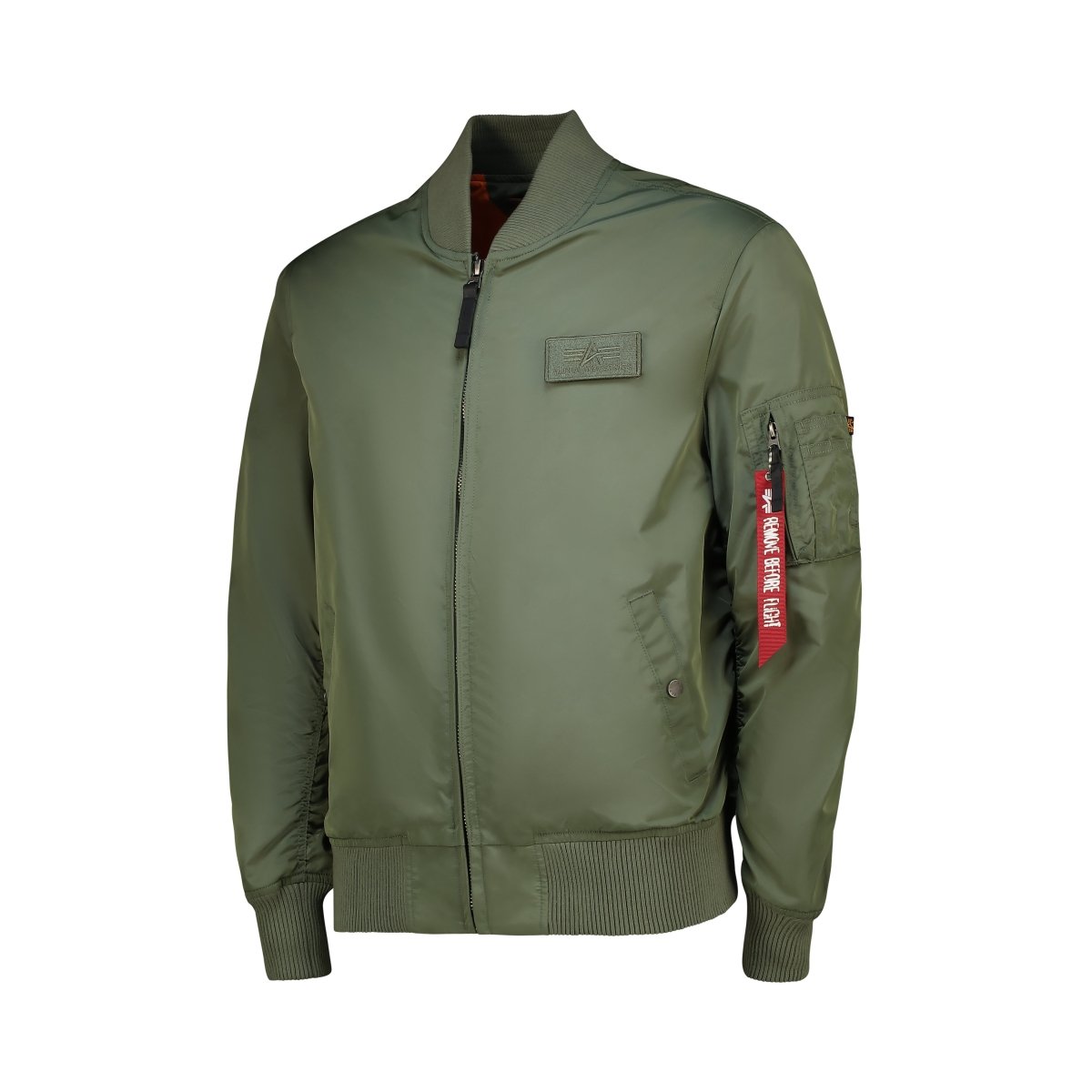 Unisex Alpha MA-1 TT jacket in sage green, featuring a classic bomber style with ribbed collar, cuffs, and zippered front.