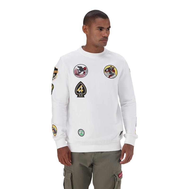 White Alpha Multi Badge Crew Sweat for men, featuring multiple logo patches on the chest, casual and comfortable men's sweater.