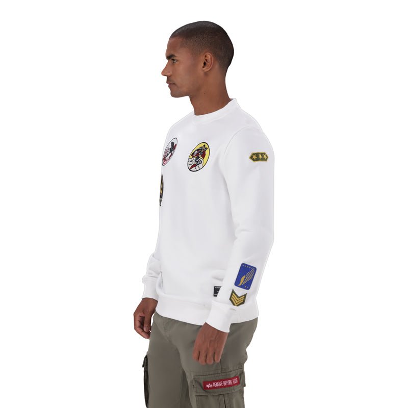 White Alpha Multi Badge Crew Sweatshirt for men, featuring multiple badge details on the chest and a comfortable crew neck design.