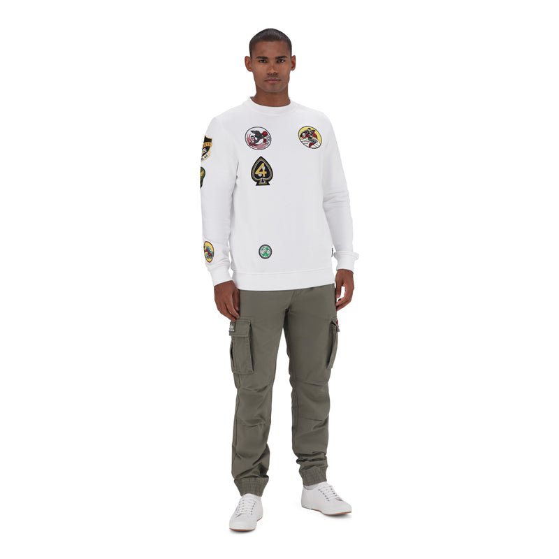 White Alpha Multi Badge Crew Sweat for men, featuring multicolor badge details on the chest, casual and comfortable sweater.