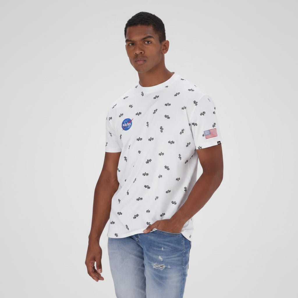 White Alpha NASA AOP men's T-shirt with NASA-themed print, casual crewneck design, made by ALPHA.