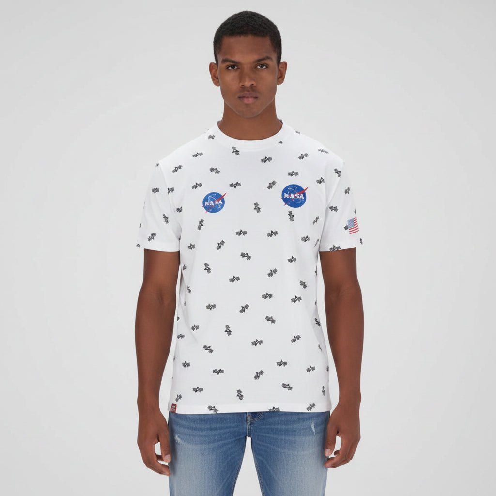 White Alpha NASA AOP Tee for men, featuring NASA-inspired print on soft cotton fabric.