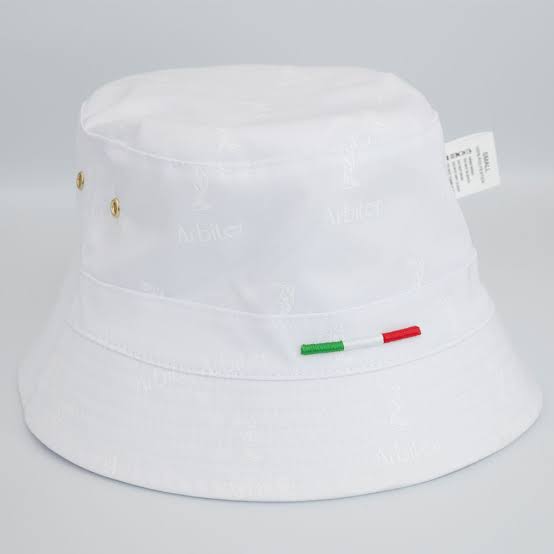 White reversible bucket hat with Arbiter logo trim, unisex headwear ideal for casual outdoor wear.