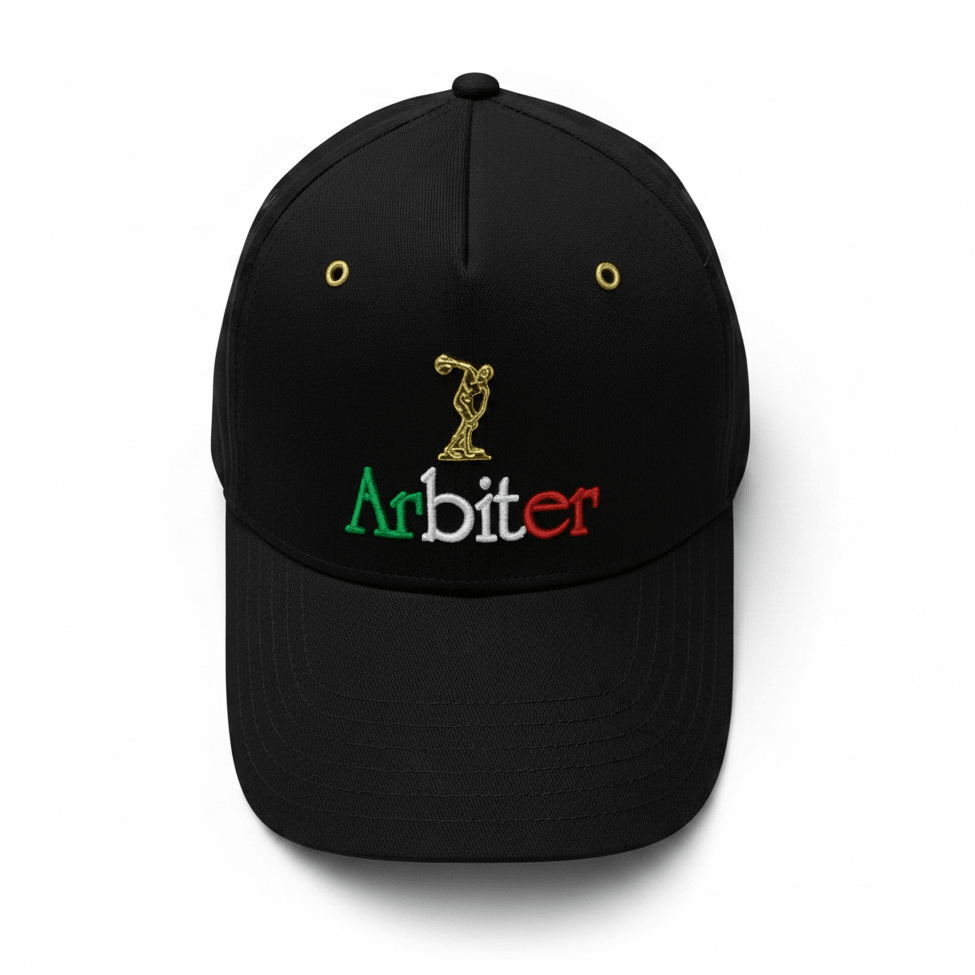 Black Arbiter Metal Logo Peak Cap, unisex headwear with a metal logo detail on the front, made of durable fabric.