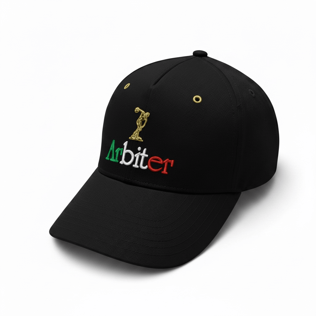 Black Arbiter Metal Logo Peak Cap, unisex headwear with a metal logo badge on the front, stylish and adjustable.