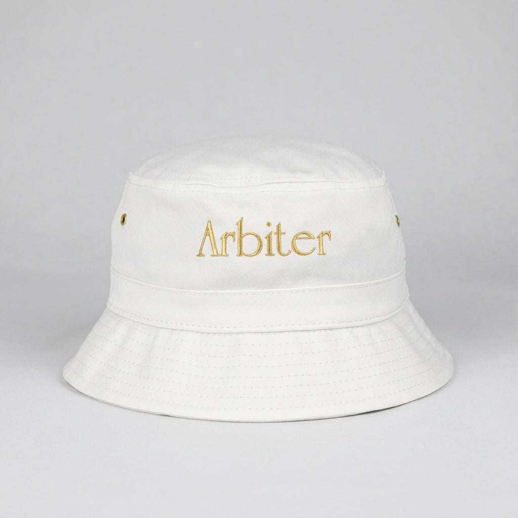 White Arbiter satin bucket hat, unisex headwear with a smooth satin finish and casual style.