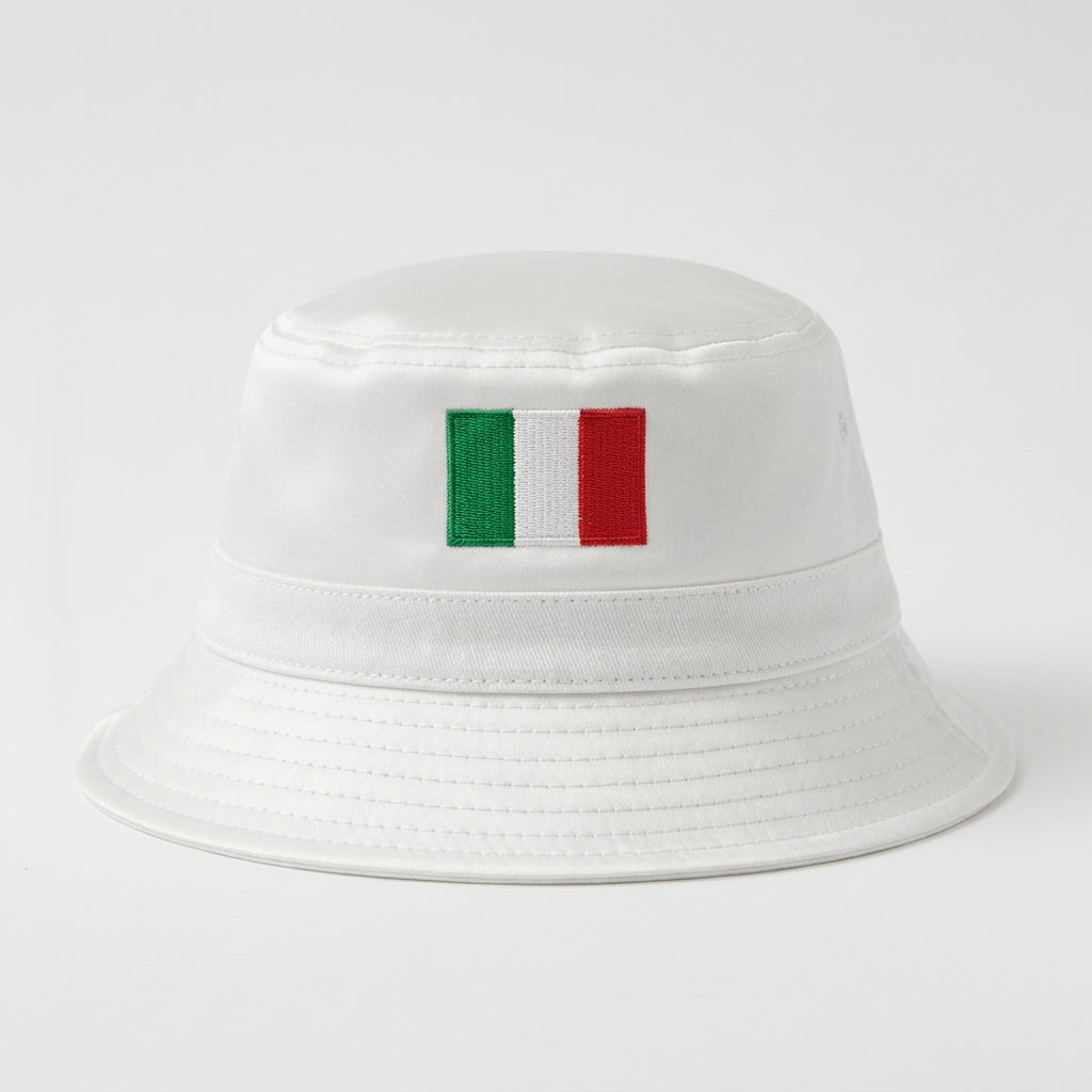 White Arbiter satin bucket hat, unisex headwear with a smooth, shiny fabric and casual brim, ideal for stylish sun protection.