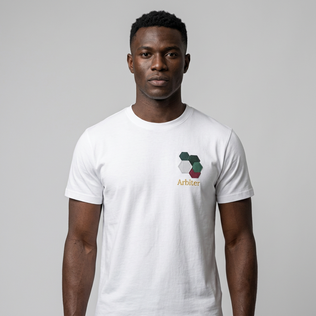 White men's Arbiter Vicenzo T-shirt featuring a classic fit and smooth fabric, displayed on a plain background.