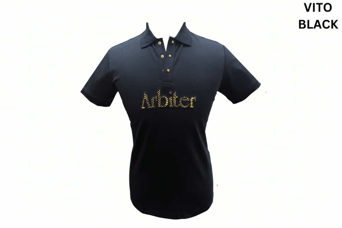 Men's Arbiter Vito Golfer in black, featuring a classic golf shirt design with a collar and short sleeves.