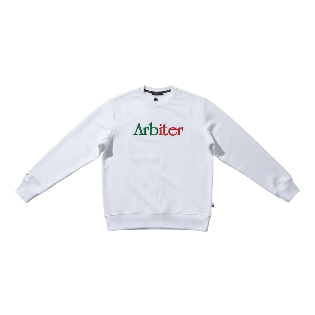 White Arbiter Volanti men's sweater featuring a classic knit design and ribbed cuffs, worn by a model.