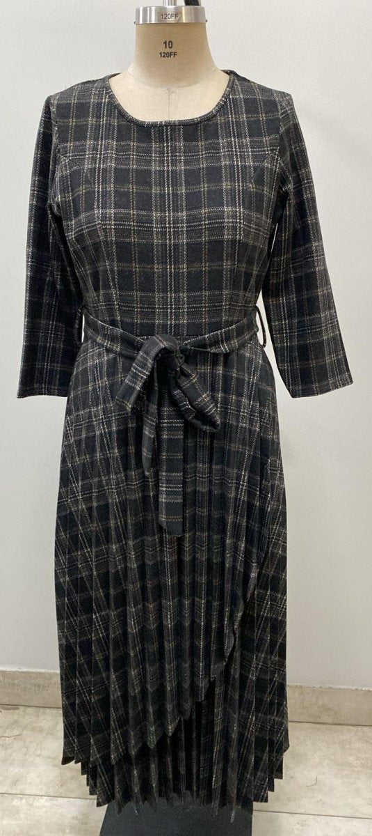 Bouchara women's 3/4 sleeve asymmetric maxi dress with pleats and closed stitch design, elegant and flowy for stylish wear.