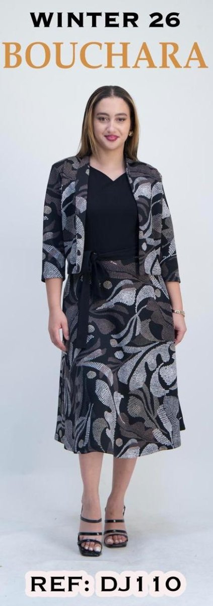 Bouchara women's 3/4 sleeve puff print dress and jacket set in black and stone, stylish and elegant for versatile wear.