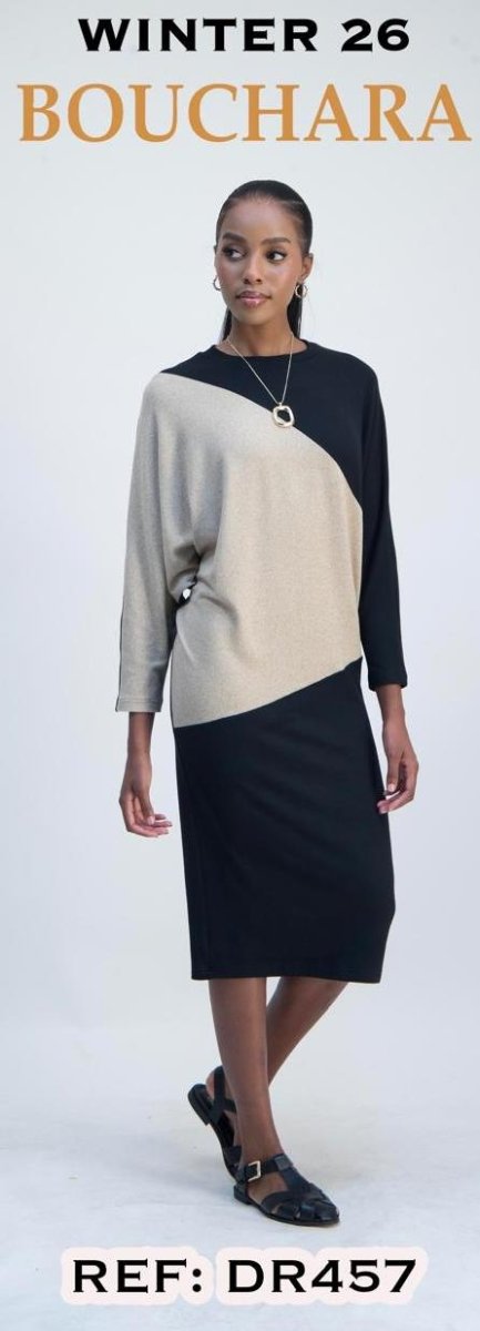 Bouchara women's black and stone asymmetric colour block dress with stylish design and modern silhouette.
