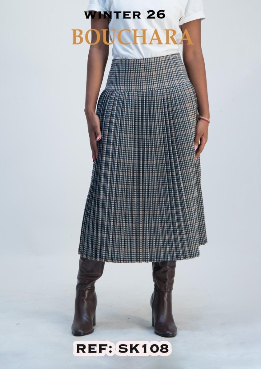 Bouchara women's check pleated skirt in grey and tan fabric, stylish and flowing, perfect for casual or dressy outfits.
