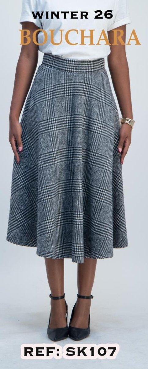 Black and grey check Bouchara women's skirt with a classic pattern, stylish and suitable for casual or office wear.