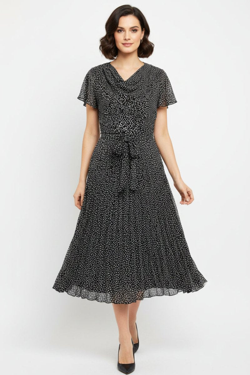 Black Bouchara women's chiffon cowl neck dress with teardrop pattern, featuring elegant draped design and flowing fabric.