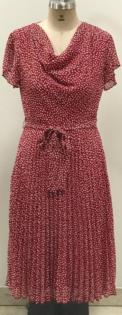 Red Bouchara women's chiffon dress with cowl neck and teardrop design, elegant and flowing for stylish occasions.