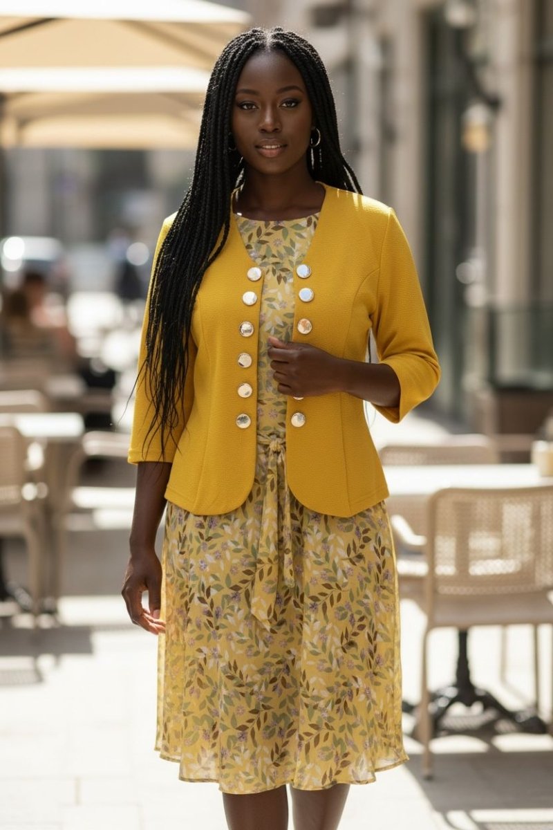 Bouchara DJ82 women’s mustard dress jacket with 3-quarter sleeves, lightweight fabric, stylish and versatile for casual or formal wear.