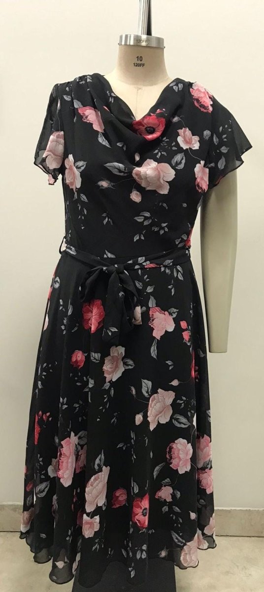 Bouchara DR444 Dress Black Floral (Cowl Neck/Cap Sleeve/Full - Shazem - WOMENS DRESSES - BOUCHARA