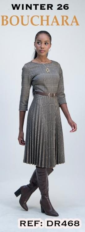 Bouchara DR468 taupe check pleated dress for women, stylish and lightweight with a classic check pattern.