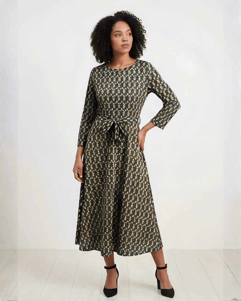 Bouchara Flair knitted dress in jade color, women's fashion dress with a textured knit design, front view.