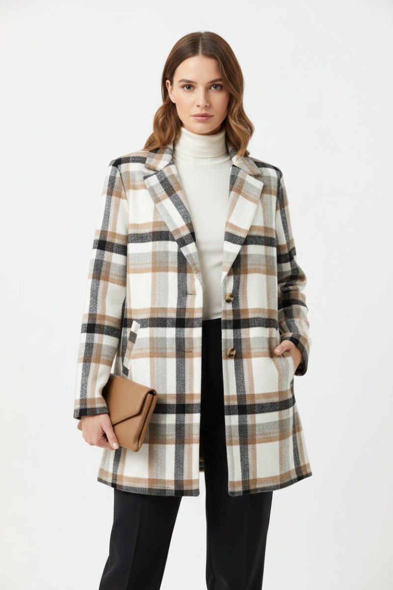 Cream check Bouchara JK18 women's jacket made of Melton fabric, stylish with a tailored fit and classic pattern.