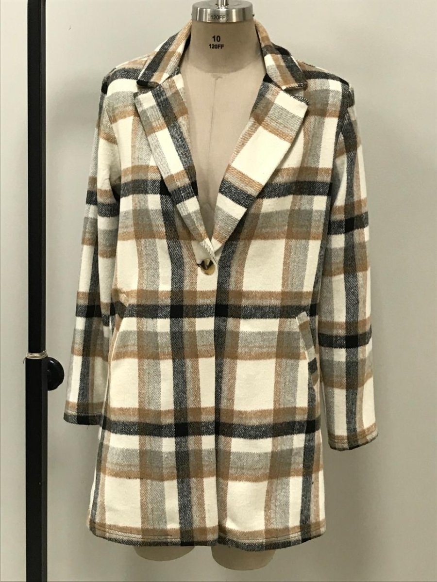 Cream check Bouchara JK18 women's jacket made of Melton fabric, stylish and warm for versatile winter wear.