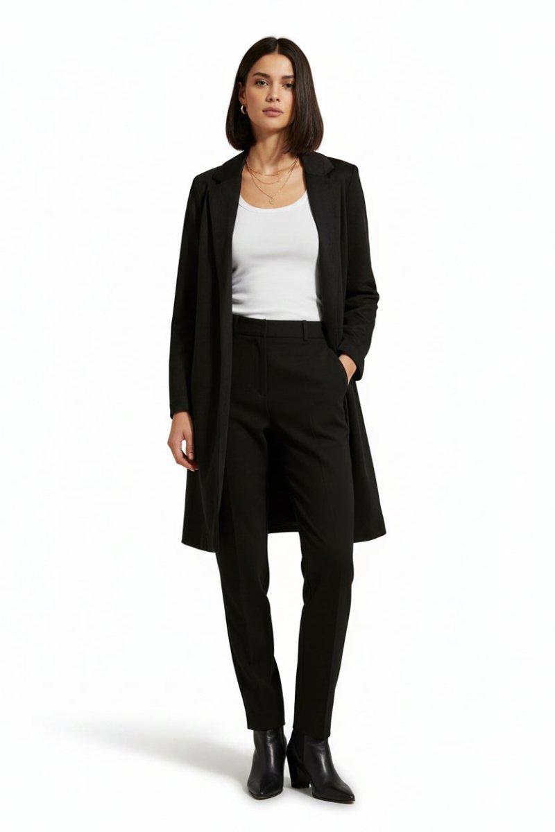 Black Bouchara long Melton jacket for women, showcasing a stylish, tailored outerwear design with a classic collar and button details.