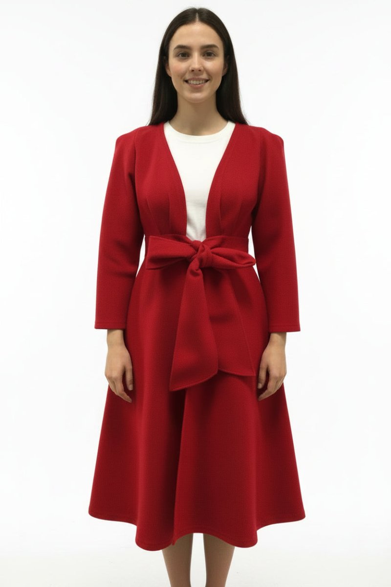 Red Bouchara long Melton jacket for women, stylish and warm, shown on a model with a tailored fit and classic collar.