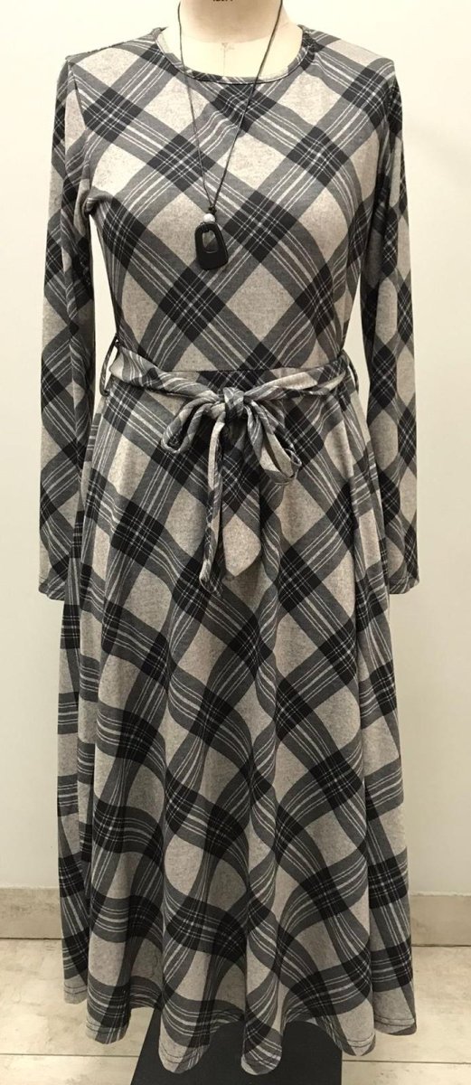 Bouchara women's long sleeve French knit flair dress in grey and black, featuring a stylish, comfortable fit.
