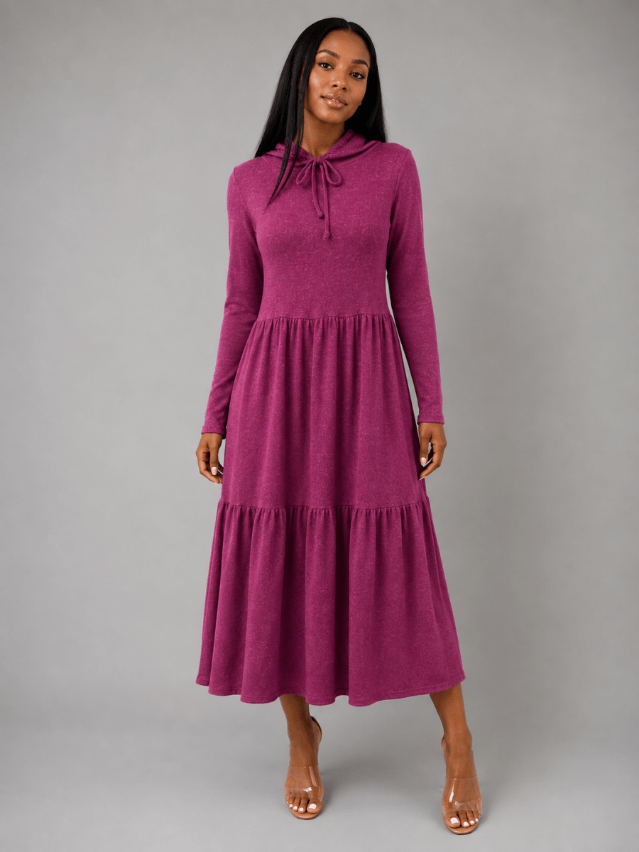 Bouchara women's long sleeve French knit tiered casual hoodie dress, comfortable and stylish for everyday wear.