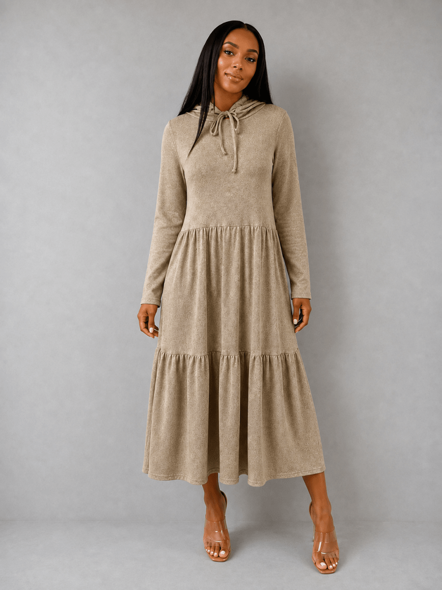Bouchara long sleeve French knit tiered casual hoodie dress, women's dress with relaxed fit and layered design.